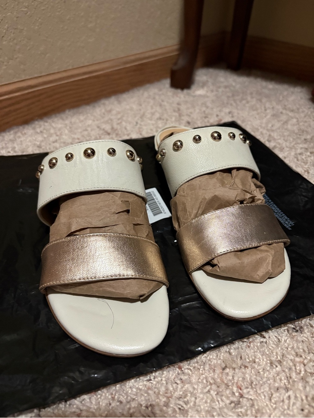 Women’s White and Gold Studded Slide Sandals